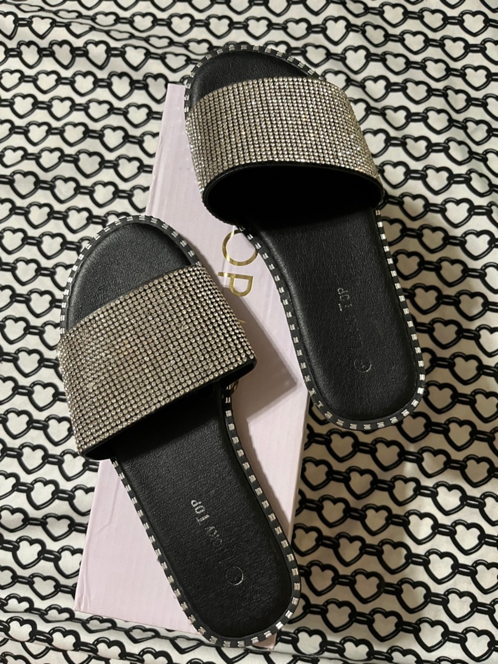 TOP Moda Black Slide Sandals with Crystal Band